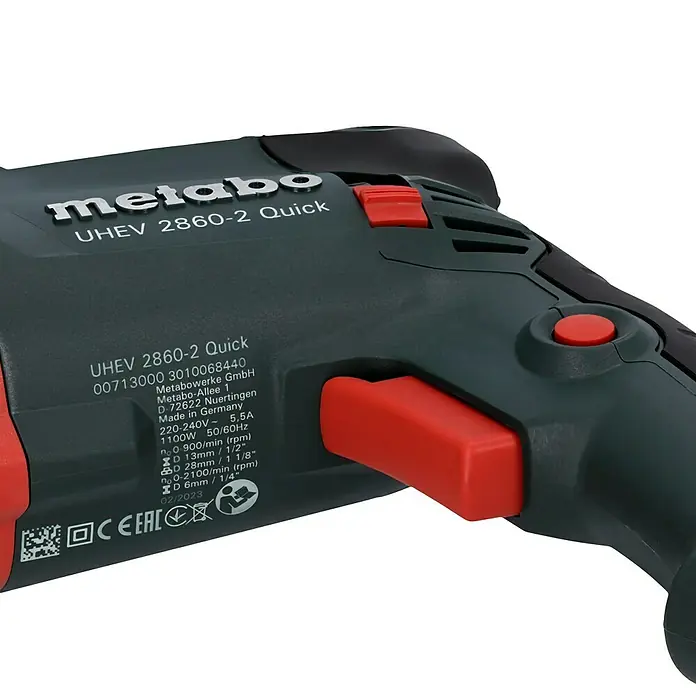 Metabo Kombihammer UHEV 2860-2 Quick Set - 1.100 W, 3,4 J, SDS-Plus-Aufnahme - Nahaufnahme einer Metabo UHEV 2860-2 Quick Schlagbohrmaschine mit roten Bedienelementen.