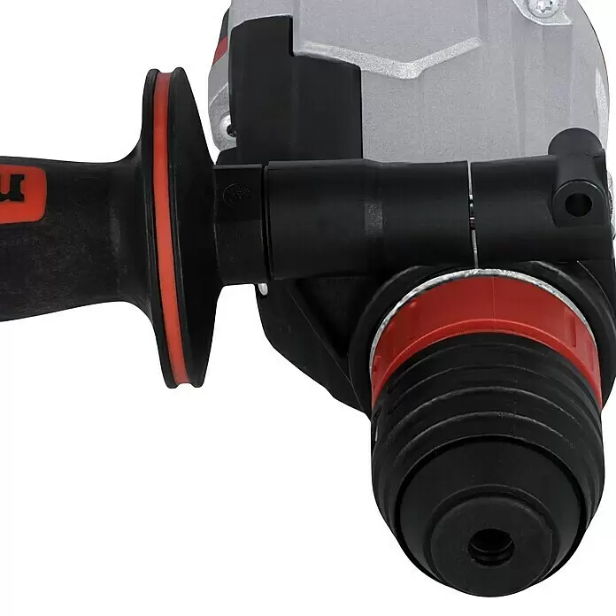 Metabo Kombihammer KHE 2860 Quick Set - 880 W, 3,2 J, SDS-Plus-Aufnahme - Nahaufnahme der Vorderseite eines Bohrhammers, mit schwarzem Zusatzgriff, roten Akzenten und schwarzem-rotem Spannfutterbereich.
