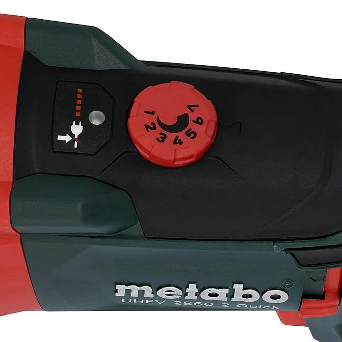 Metabo Kombihammer UHEV 2860-2 Quick Set - 1.100 W, 3,4 J, SDS-Plus-Aufnahme - Nahaufnahme einer Metabo UHEV 2860-2 Quick Bohrmaschine mit Geschwindigkeitsregler und Netzkabelanzeige.