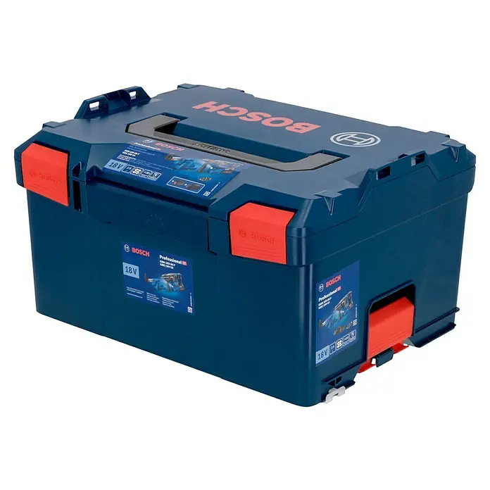 Bosch Professional AMPShare 18V Akku-Kombihammer GBH 18V-26 F - 18 V, 2 Akkus, 5,5 Ah, 2,6 J, Inkl. Staubabsaugung - Die Bosch Sortimo L-Boxx 136 Werkzeugkiste in Blau mit roten Verschlüssen, ideal für den professionellen Einsatz und Transport.