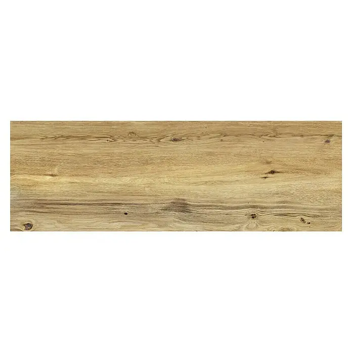 Terrassenfliese Garden Rustbrown 2.0 - 39,7 x 119,7 x 2 cm, Braun, Matt - Nahaufnahme eines horizontalen Holzbrettmusters mit verschiedenen Maserungen und Astlöchern, ideal für Texturen.