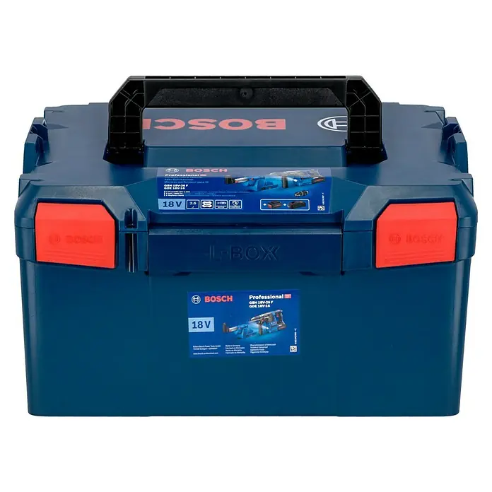 Bosch Professional AMPShare 18V Martillo combinado de batería GBH 18V-26 F - 18 V, 2 baterías, 5,5 Ah, 2,6 J, Con extracción de polvo - Bosch L-Boxx azul con pestillos rojos y asa negra. Perfecta para el transporte y almacenamiento de herramientas.