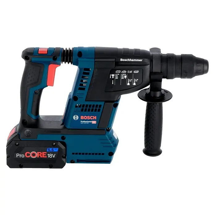 Bosch Professional AMPShare 18V Martillo combinado de batería GBH 18V-26 F - 18 V, 2 baterías, 5,5 Ah, 2,6 J, Con extracción de polvo - En la imagen se ve un Boschhammer, un martillo perforador sin cable diseñado para trabajos de perforación y demolición pesados. Es azul y negro.