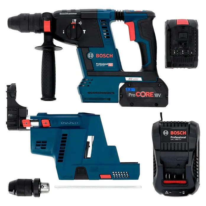 Bosch Professional AMPShare 18V Akku-Kombihammer GBH 18V-26 F18 V, 2 Akkus, 5,5 Ah, 2,6 J, Inkl. Staubabsaugung - Bild eines Bosch GBH 18V-26 F Akku-Bohrhammers mit Zubehör wie Akku, Ladegerät und Bohrfutteradapter.