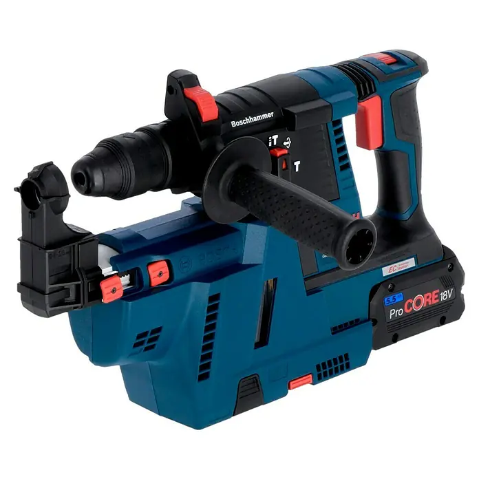 Bosch Professional AMPShare 18V Martillo combinado de batería GBH 18V-26 F - 18 V, 2 baterías, 5,5 Ah, 2,6 J, Con extracción de polvo - Imagen de un martillo rotativo Boschhammer, una herramienta eléctrica versátil para la construcción y renovación.