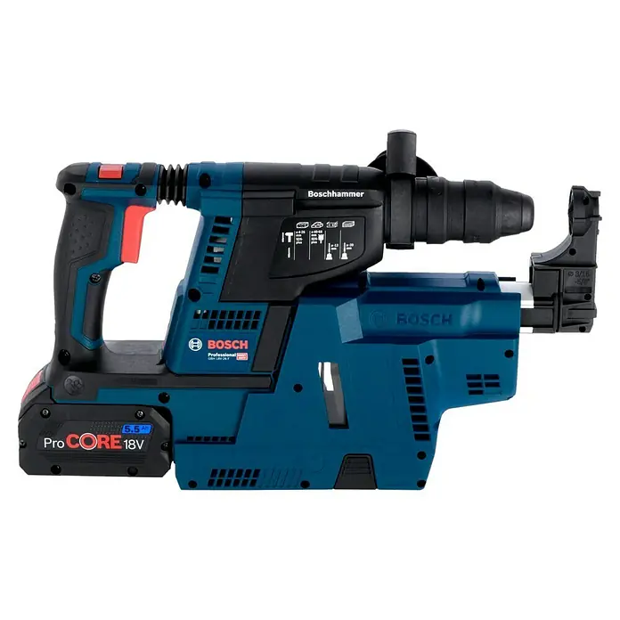 Bosch Professional AMPShare 18V Martillo combinado de batería GBH 18V-26 F - 18 V, 2 baterías, 5,5 Ah, 2,6 J, Con extracción de polvo - Boschhammer GBH 18V-26 F Professional martillo perforador a batería con batería ProCORE18V para un trabajo potente y flexible.