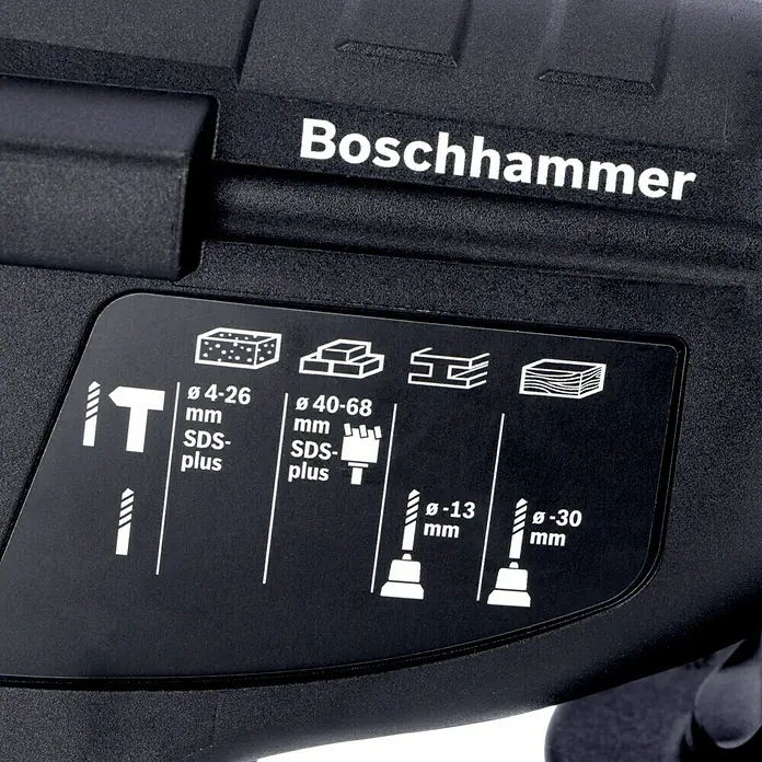 Bosch Professional AMPShare 18V Akku-Kombihammer GBH 18V-26 F18 V, 2 Akkus, 5,5 Ah, 2,6 J, Inkl. Staubabsaugung - Nahaufnahme eines Boschhammer-Bohrers mit detaillierten Spezifikationen für verschiedene Materialien und Bohrergrößen.