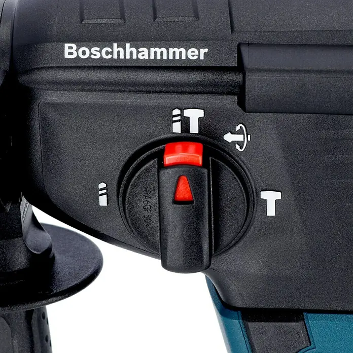 Bosch Professional AMPShare 18V Akku-Kombihammer GBH 18V-26 F - 18 V, 2 Akkus, 5,5 Ah, 2,6 J, Inkl. Staubabsaugung - Nahaufnahme eines Boschhammer Bohrhammers, der die Bedienelemente für verschiedene Bohrmodi zeigt.