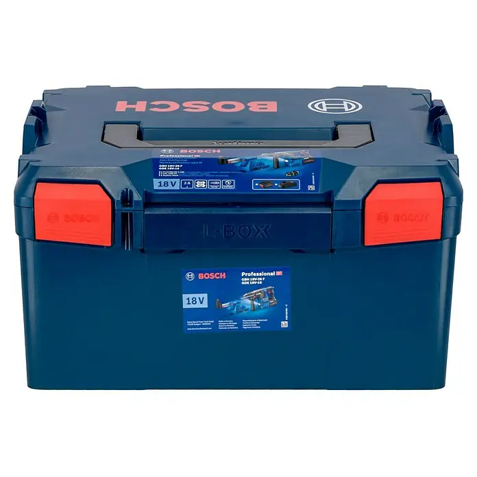 Bosch Professional AMPShare 18V Akku-Kombihammer GBH 18V-26 F - 18 V, 2 Akkus, 5,5 Ah, 2,6 J, Inkl. Staubabsaugung - Bosch L-Boxx Professional Werkzeugkoffer in Blau mit Produktaufklebern und roten Verschlüssen für sicheren Transport und Lagerung.