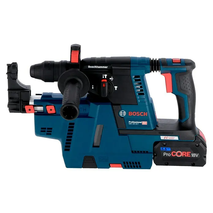 Bosch Professional AMPShare 18V Akku-Kombihammer GBH 18V-26 F18 V, 2 Akkus, 5,5 Ah, 2,6 J, Inkl. Staubabsaugung - Abbildung eines Boschhammer GBH 18V-26 F Akku-Bohrhammers mit blauem Gehäuse und rotem Akzent.