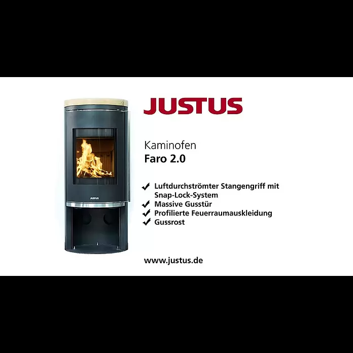 Justus Kaminofen Faro 2.0 - 6 kW, Raumheizvermögen: 115 m³, Verkleidung: Stahl/Sandstein, Schwarz - JUSTUS Kaminofen Faro 2 0