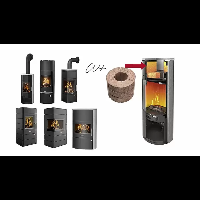 Justus Kaminofen Faro W+ 2.0 - 7 kW, Raumheizvermögen: 144 m³, Verkleidung: Stahl/Speckstein, Schwarz - JUSTUS Kaminfen mit Wrmespeicherstein W+