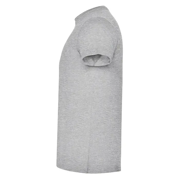 Camiseta Atomic - 4 XL, Gris, 85% algodón / 15% viscosa - Vista lateral de una camiseta gris claro. La camiseta tiene mangas cortas y está sobre un fondo negro, lo que resalta su forma.