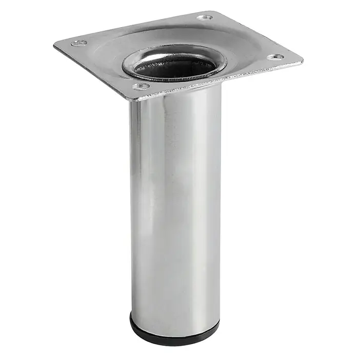 Element System Pata para muebles - Ø x Al: 3 x 10 cm, Capacidad de carga: 50 kg, Acero, Cromo - La imagen muestra una sola pata de mueble metálica de color plateado brillante sobre un fondo negro. Tiene una placa de montaje cuadrada.