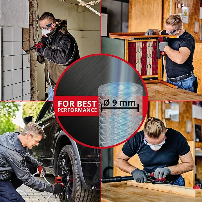 Einhell Classic Druckluft-Ratschenschrauber TC-PR 68 - 0 bar - 6,3 bar - Bildcollagendarstellung eines 9-mm-Luftschlauchs mit verschiedenen Werkzeuganwendungen für beste Leistung.