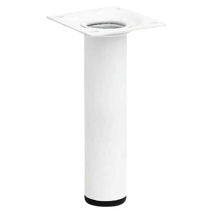 Pata para muebles - Ø x Al: 3 x 15 cm, Acero, Blanco - Imagen de una pata de mueble blanca con placa de montaje cuadrada. Ideal para proyectos de mobiliario, añadiendo un toque elegante.