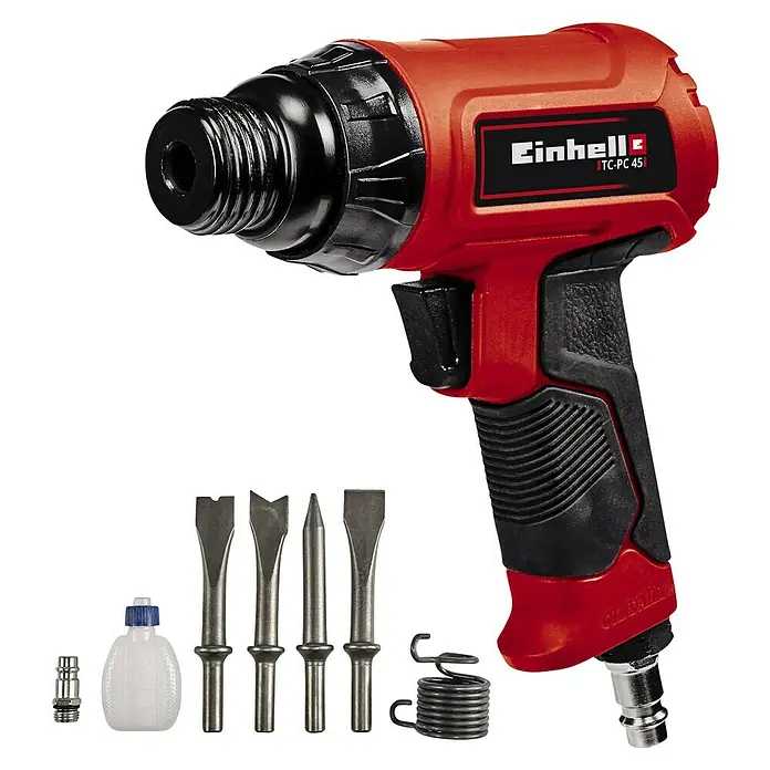 Einhell Classic Druckluft-Meißelhammer - 6,3 bar, Luftverbrauch: 113 l/min, Schlagzahl: 4.500 /min - Abbildung eines Einhell TC-PC 45 Druckluft-Meißelhammers mit Zubehör, ideal für leichte Abbrucharbeiten und Renovierungen.