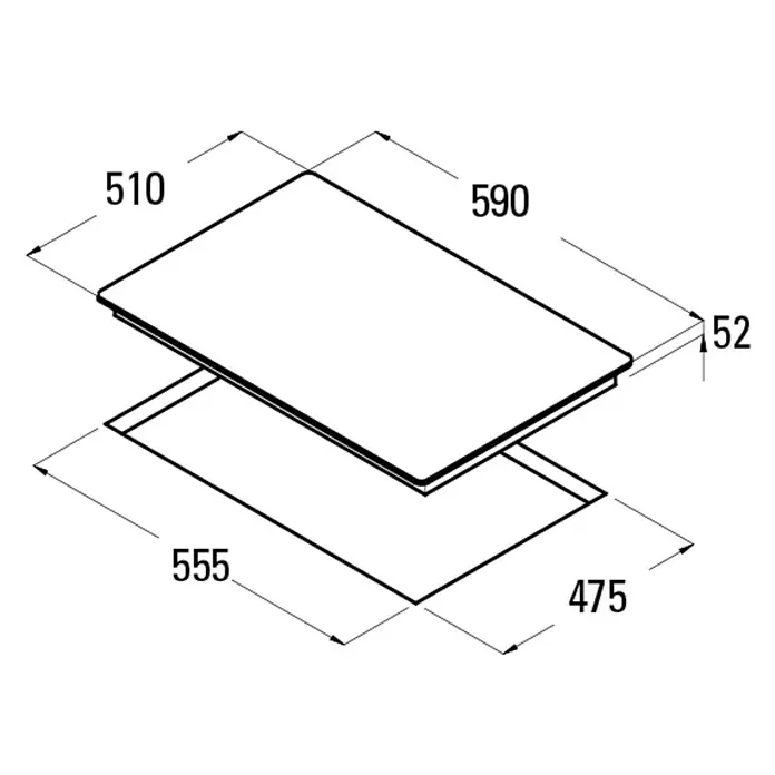 Cata Placa de cocción de cristal CI6021BK - L x An: 59 x 51 cm, Número de quemadores de gas: 3 ud. - Esquema de una placa de cocina con dimensiones 510 x 590 mm (superior) y 555 x 475 mm (inferior), altura 52 mm.