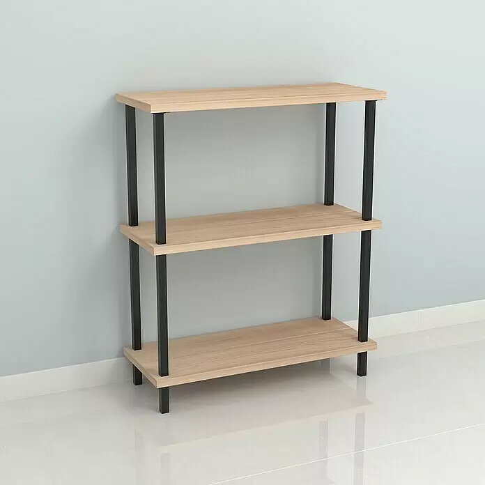 Element System Pata para muebles - 2,5 x 2,5 x 10 cm, Capacidad de carga: 30 kg, Acero, Negro - Estantería de tres niveles con baldas de madera clara y postes de metal negro.