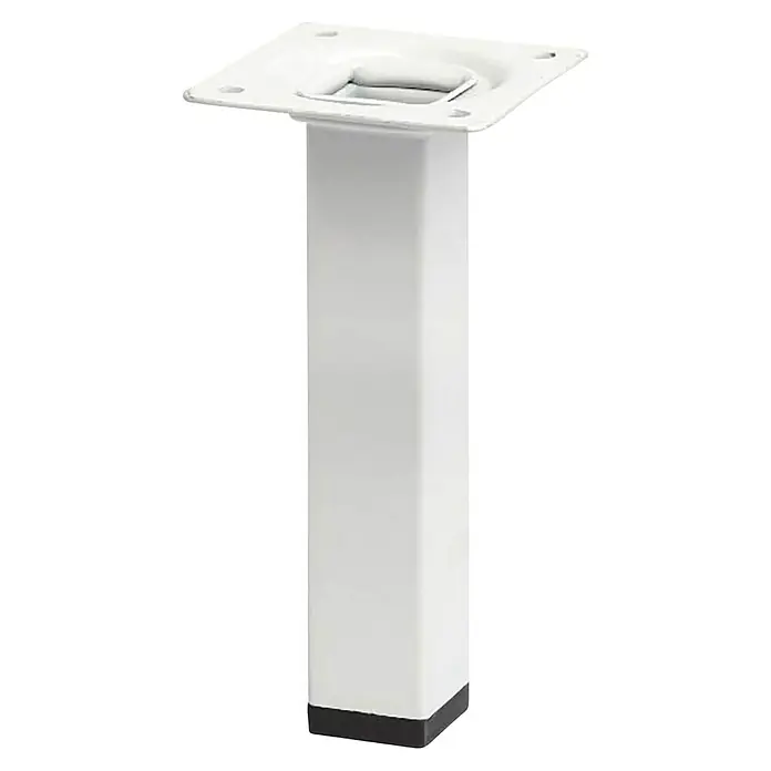 Pata para muebles - L x An x Al: 2,5 x 2,5 x 15 cm, Acero, Blanco - Pata de mesa cuadrada de metal blanco con placa de montaje y tapa de plástico negra.
