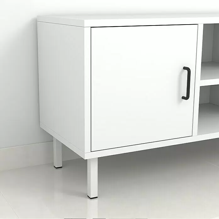 Rei Möbelfuß - L x B x H: 2,5 x 2,5 x 15 cm, Traglast: 150 kg, Stahl, Weiß - Weißer Schrank mit einer Tür, schwarzem Griff und offenen Fächern.