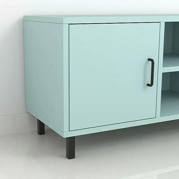 Element System Pata para muebles - 2,5 x 2,5 x 10 cm, Capacidad de carga: 30 kg, Acero, Negro - Armario color aguamarina con patas y tirador negros, con una puerta corredera y estantes abiertos para guardar.