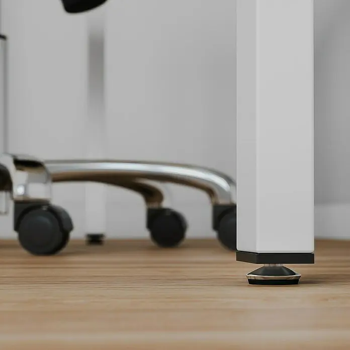 Rei Tornillo regulable - Cromo, 4 ud. - Primer plano de una pata de mesa blanca con pie ajustable sobre un suelo de madera, con una silla de oficina al fondo.