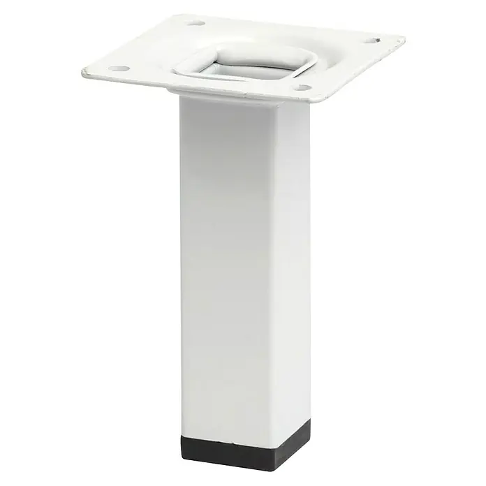 Pata para muebles - L x An x Al: 2,5 x 2,5 x 10 cm, Acero, Blanco - Primer plano de una pata de mueble blanca con placa de montaje cuadrada y tapa de plástico negra. Ideal para proyectos de muebles.