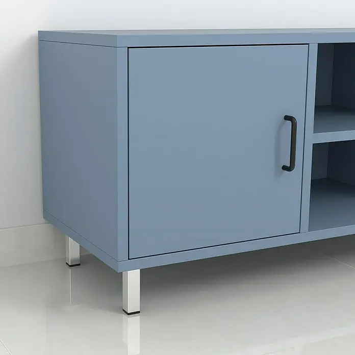 Element System Möbelfuß - 2,5 x 2,5 x 10 cm, Traglast: 30 kg, Stahl, Chrom - Blaue Kommode mit einer Tür, einem schwarzen Griff und silbernen Beinen. Das Möbelstück bietet praktischen Stauraum und modernes Design.