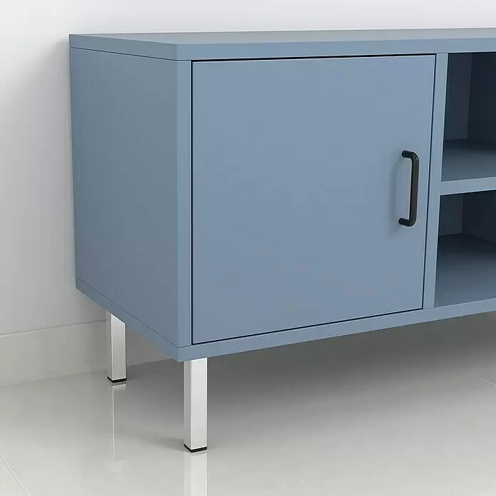 Rei Möbelfuß - L x B x H: 2,5 x 2,5 x 15 cm, Traglast: 150 kg, Stahl, Silber - Blaues Sideboard mit Metallbeinen, einer Tür und offenen Fächern.