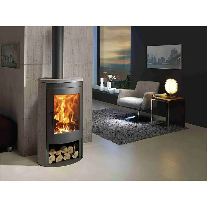 Panadero Kaminofen Oval 3 Stones Eco - 8,7 kW, Raumheizvermögen: 220 m³, Schwarz - Kaminofen mit lebendigem Feuer. Das elegante Design harmoniert perfekt mit dem modernen Wohnambiente und bietet behagliche Wärme.
