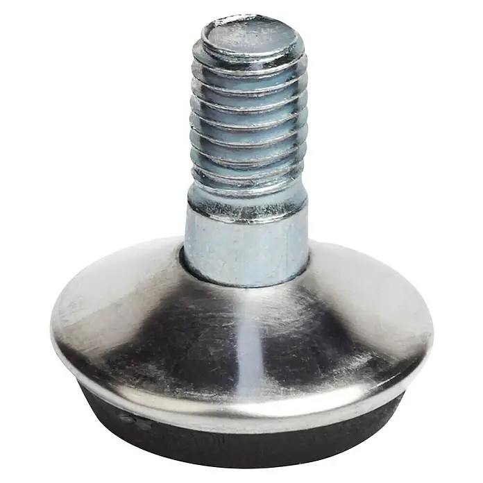 Rei Tornillo regulable - Cromo, 4 ud. - Primer plano de un pie de mueble de metal con vástago roscado sobre una base negra.