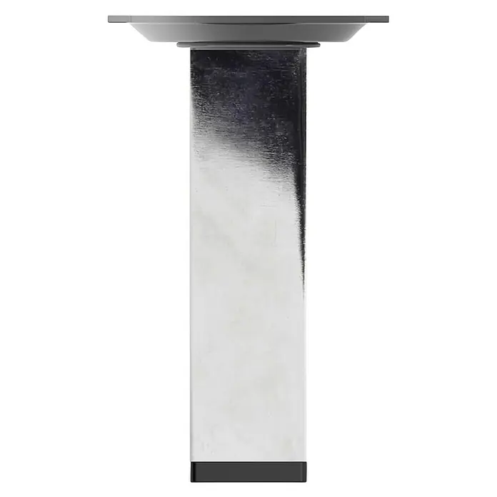 Element System Möbelfuß - 2,5 x 2,5 x 10 cm, Traglast: 30 kg, Stahl, Chrom - Nahaufnahme eines quadratischen, silberfarbenen Möbelfußes mit grauer Basis und grauer Befestigungsplatte.