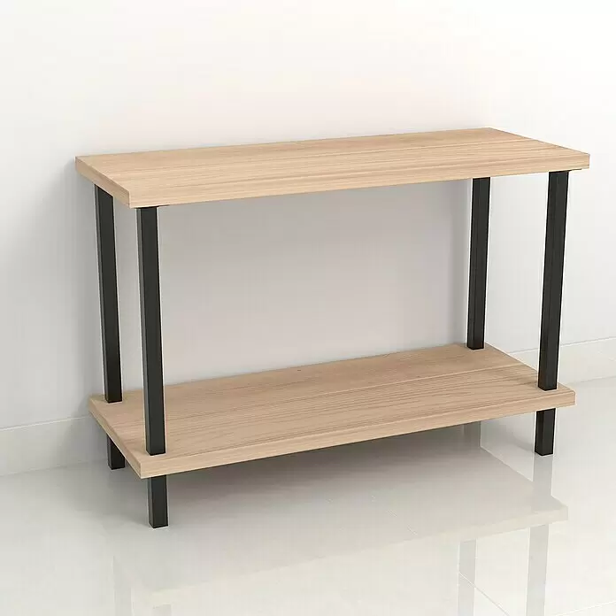 Element System Pata para muebles - 2,5 x 2,5 x 10 cm, Capacidad de carga: 30 kg, Acero, Negro - Mesa consola rectangular con dos estantes de madera clara y estructura de metal negro. Ideal para espacios pequeños.