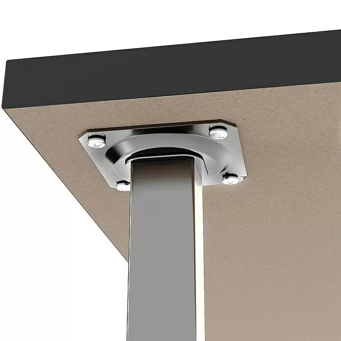 Rei Möbelfuß - L x B x H: 2,5 x 2,5 x 15 cm, Traglast: 150 kg, Stahl, Silber - Ein verchromtes Tischbein an der hellbraunen Unterseite einer dunklen Tischplatte mit glänzender Metallhalterung und vier Schrauben befestigt.