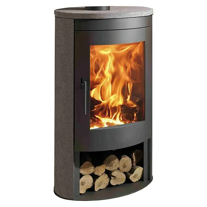 Panadero Kaminofen Oval 3 Stones Eco - 8,7 kW, Raumheizvermögen: 220 m³, Schwarz - Ein moderner Kaminofen mit Holzscheiten und loderndem Feuer sorgt für Wärme und Atmosphäre in jedem Wohnraum. Perfekt für gemütliche Abende.