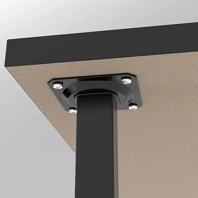 Element System Pata para muebles - 2,5 x 2,5 x 10 cm, Capacidad de carga: 30 kg, Acero, Negro - Pata de mesa y placa de montaje de metal negro con tornillos plateados, fijadas a la parte inferior marrón claro de un tablero.