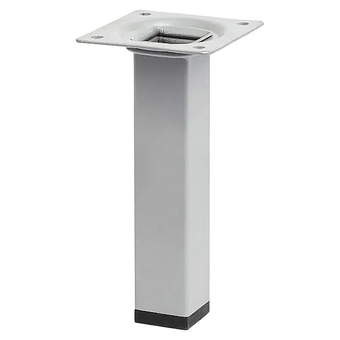 Pata para muebles - L x An x Al: 2,5 x 2,5 x 15 cm, Acero, Cromado, Mate - Primer plano de una pata de mueble cuadrada gris con una placa de montaje cuadrada, ideal para diseños modernos.