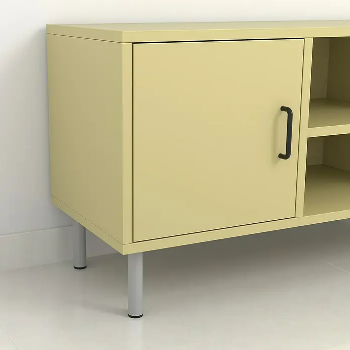 Rei Möbelfuß - Ø x H: 3 cm x 200 mm, Stahl, Silber - Gelber Metallschrank mit einer Tür und offenen Regalen, ideal für die Aufbewahrung im modernen Wohnbereich.
