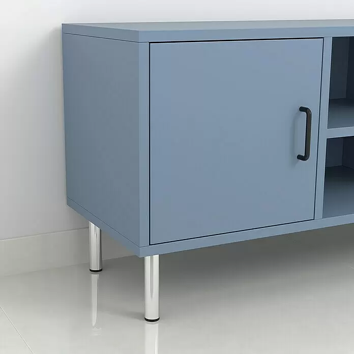 Rei Möbelfuß D30 - Ø x H: 3 x 15 cm, Traglast: 150 kg, Stahl, Silber - Blauer Aufbewahrungsschrank mit Tür, offenen Fächern, Chrombeinen und schwarzem Griff.