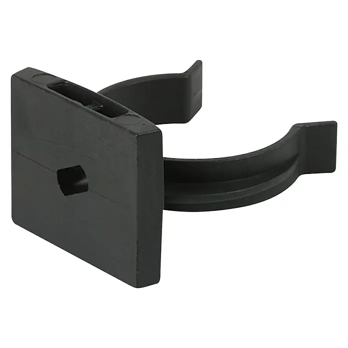 Rei Sockelblendenclip P-127 - L x B x H: 4,2 x 2,7 x 4,2 cm, Kunststoff, 4 Stk. - Nahaufnahme einer schwarzen Kabelklemme aus Kunststoff mit einer quadratischen Montagebasis und einer runden Haltevorrichtung.