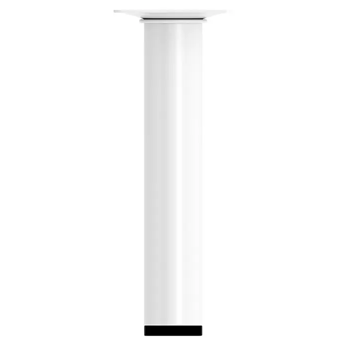 Rei Möbelfuß - Ø x H: 3 cm x 200 mm, Stahl, Weiß - Nahaufnahme eines weißen Möbelfußes mit einer quadratischen Platte oben, isoliert auf schwarzem Hintergrund.
