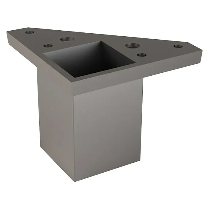 Rei Pata para muebles 972 - L x An x Al: 4 x 8 x 6 cm, Plástico, Aluminio, 1 ud. - Vista de una pata de mesa metálica gris con una placa base triangular con orificios para tornillos y un recorte cuadrado.