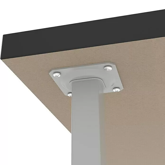 Rei Möbelfuß - L x B x H: 2,5 x 2,5 x 15 cm, Traglast: 150 kg, Stahl, Grau - Graues Tischbein mit Montageplatte und vier Schrauben an der braunen Unterseite einer Tischplatte befestigt.