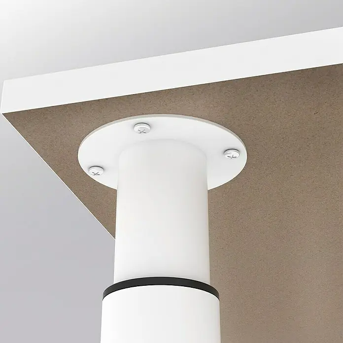 Rei Teleskop-Möbelfuß - Durchmesser: 6 cm, Höhenverstellung: 71 cm - 100 cm, Stahl, Weiß - Detailansicht eines weißen Tischbeins mit Schrauben befestigt an einer Tischplatte.