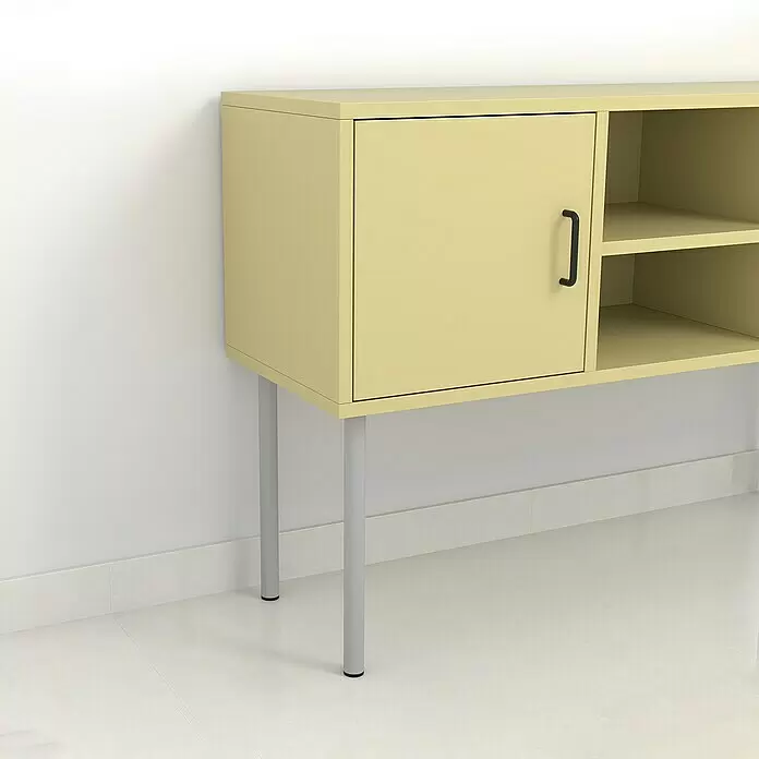 Element System Möbelfuß - Ø x H: 3 x 40 cm, Traglast: 50 kg, Stahl, Weiß/Aluminium - Hellgelber Schrank mit einer Tür, offenen Fächern und silbernen Metallbeinen.
