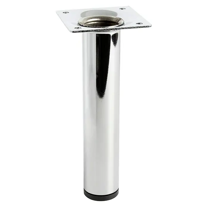 Rei Möbelfuß D30 - Ø x H: 3 x 15 cm, Traglast: 150 kg, Stahl, Silber - Nahaufnahme eines glänzenden, verchromten Möbelfußes mit quadratischer Montageplatte und schwarzer Basis, ideal für moderne Möbeldesigns.