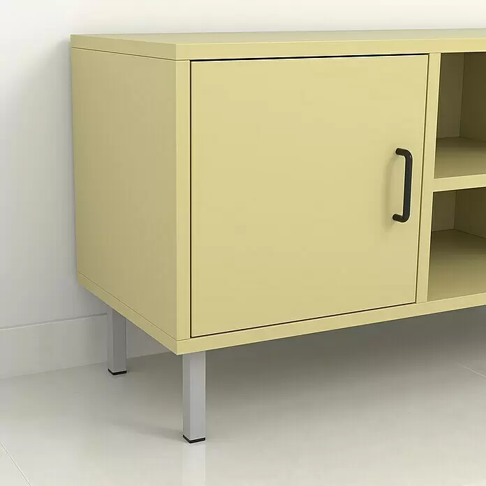 Rei Möbelfuß - L x B x H: 2,5 x 2,5 x 15 cm, Traglast: 150 kg, Stahl, Grau - Hellgelber Schrank mit einer Tür, schwarzem Griff, offenen Regalen und silbernen Beinen.