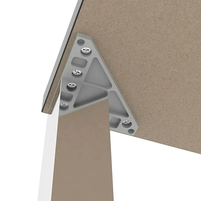 Rei Möbelfuß - L x B x H: 40 x 40 x 120 mm, Aluminium, Verchromt - Nahaufnahme eines Tischbeins mit einer dreieckigen Halterung, die die Tischplatte sichert, befestigt mit Schrauben für Stabilität.