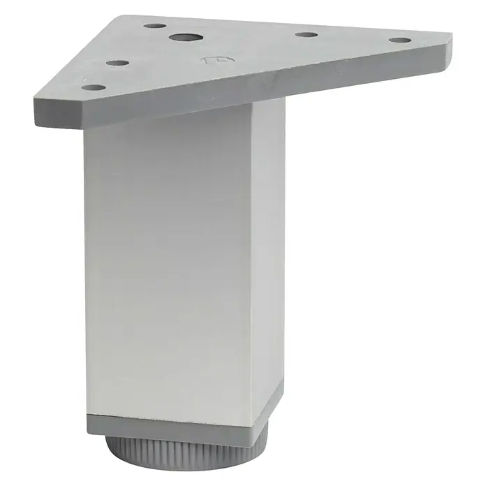 Rei Möbelfuß - L x B x H: 40 x 40 x 100 mm, Aluminium, Eloxiert - Grauer Dreiecksfuß mit Löchern zur Befestigung, ideal für Möbel oder Sofas, mit einer quadratischen Basis und einem verstellbaren Fuß für Stabilität.
